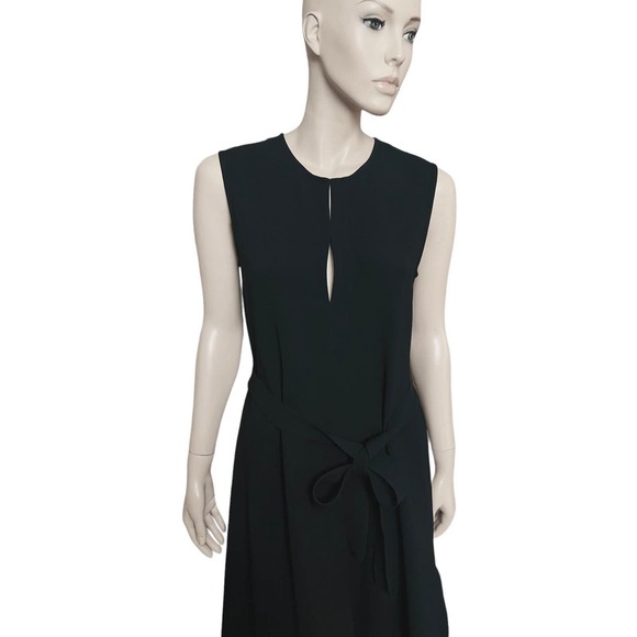 Theory Desza Deep Navy Admiral Crepe Black Asymetrical Hem Belted Dress Sz 6 - Picture 5 of 15